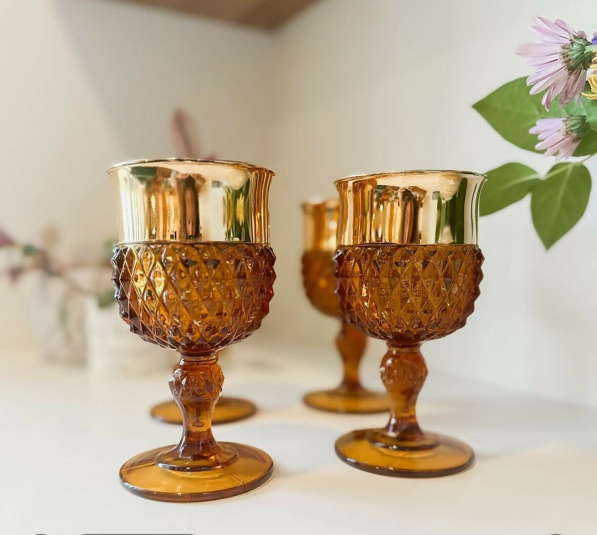 Gold Rimmed Faceted Amber Goblets