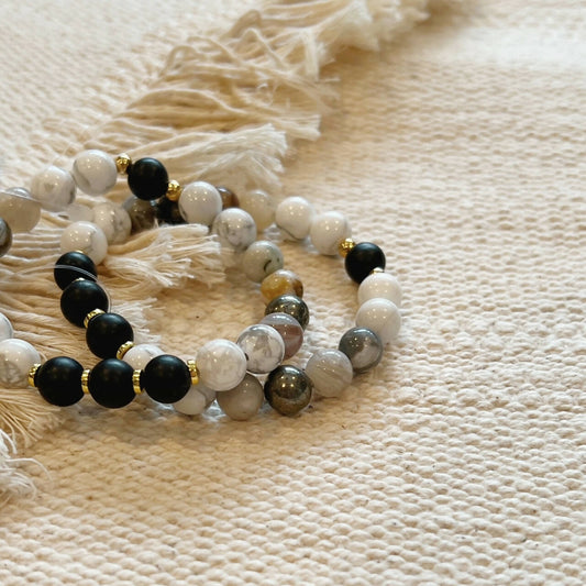 Patience + Protection Gemstone Bracelet || Howlite Onyx Bamboo Agate Pyrite|| White Black Neutral