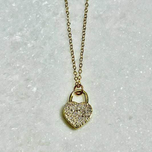 Gold CZ Heart Lock Necklace NS090-GF