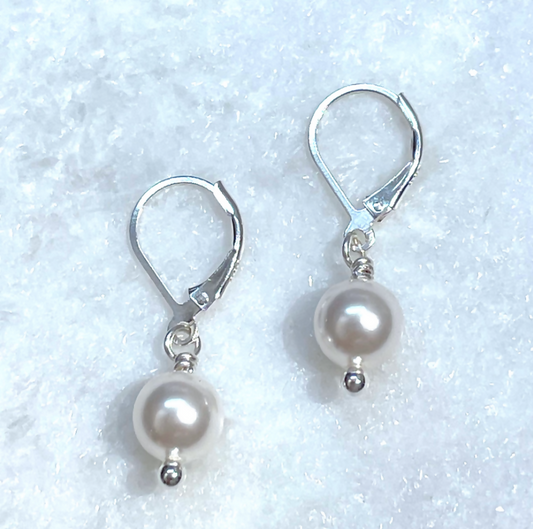 SS White Pearl Leaver Back Earrings ELB043-SS