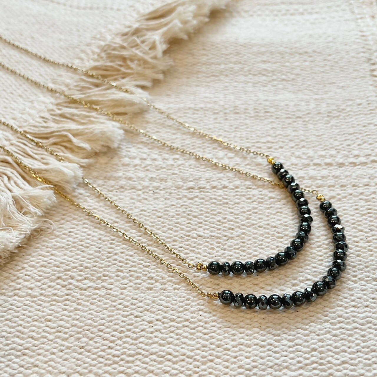 Beaded Hematite + Chain Layering Necklace || Gold Stainless Steel || Tarnish Proof Waterproof