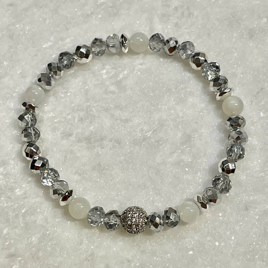 CZ Silver Pave' Ball & Moonstone St Bracelet B518-SS