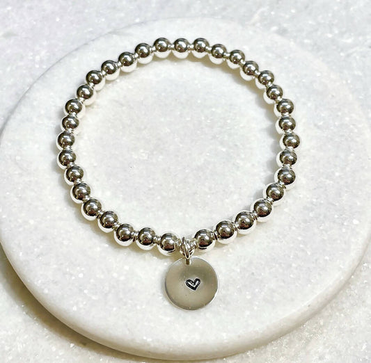 6mm Silver Plated/Heart Charm Stretch Bracelet B402-SS