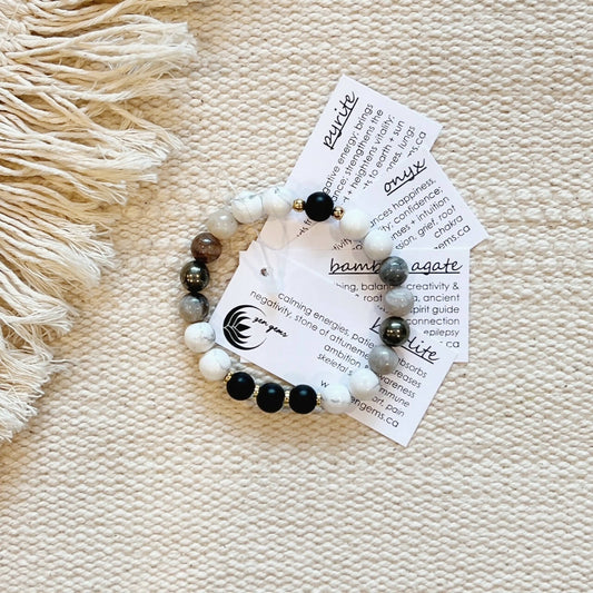 Patience + Protection Gemstone Bracelet || Howlite Onyx Bamboo Agate Pyrite|| White Black Neutral