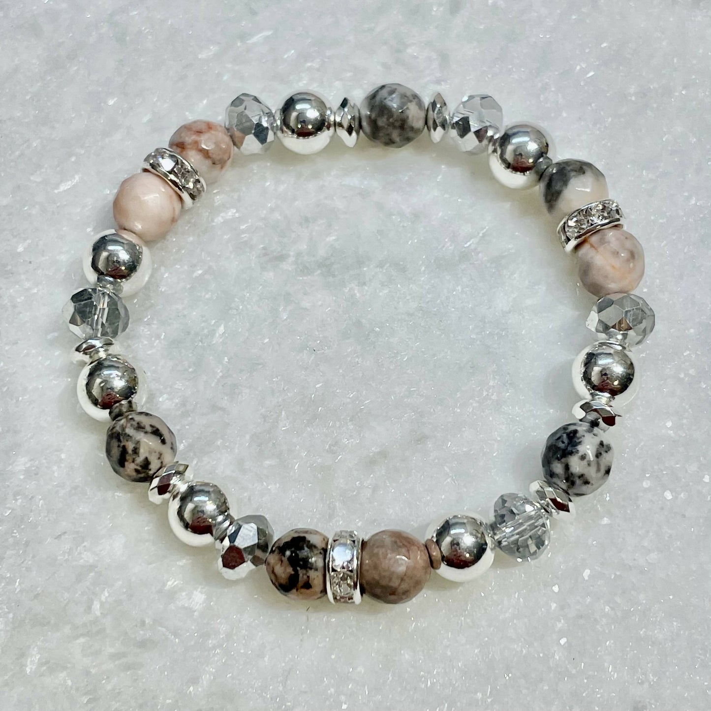 Pink Zebra & Silver Hematite Stretch Bracelet B495-SS